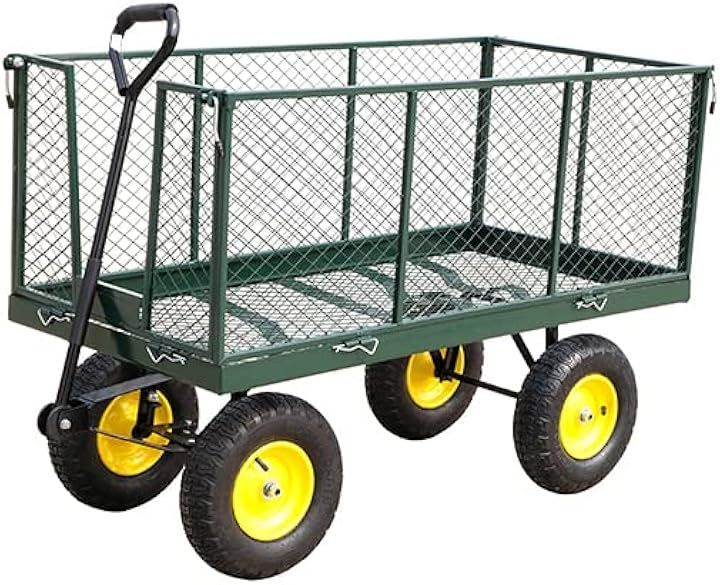 QD-WST カゴ付き台車 スチールメッシュカート ガーデンカート キャンプカート リアカー 牽引台車 園芸 一体化ハンドル 防水防塵加工 取り外せるスチールメッシュ アウトドア (アーミーグリーン, 120X60X48CM)