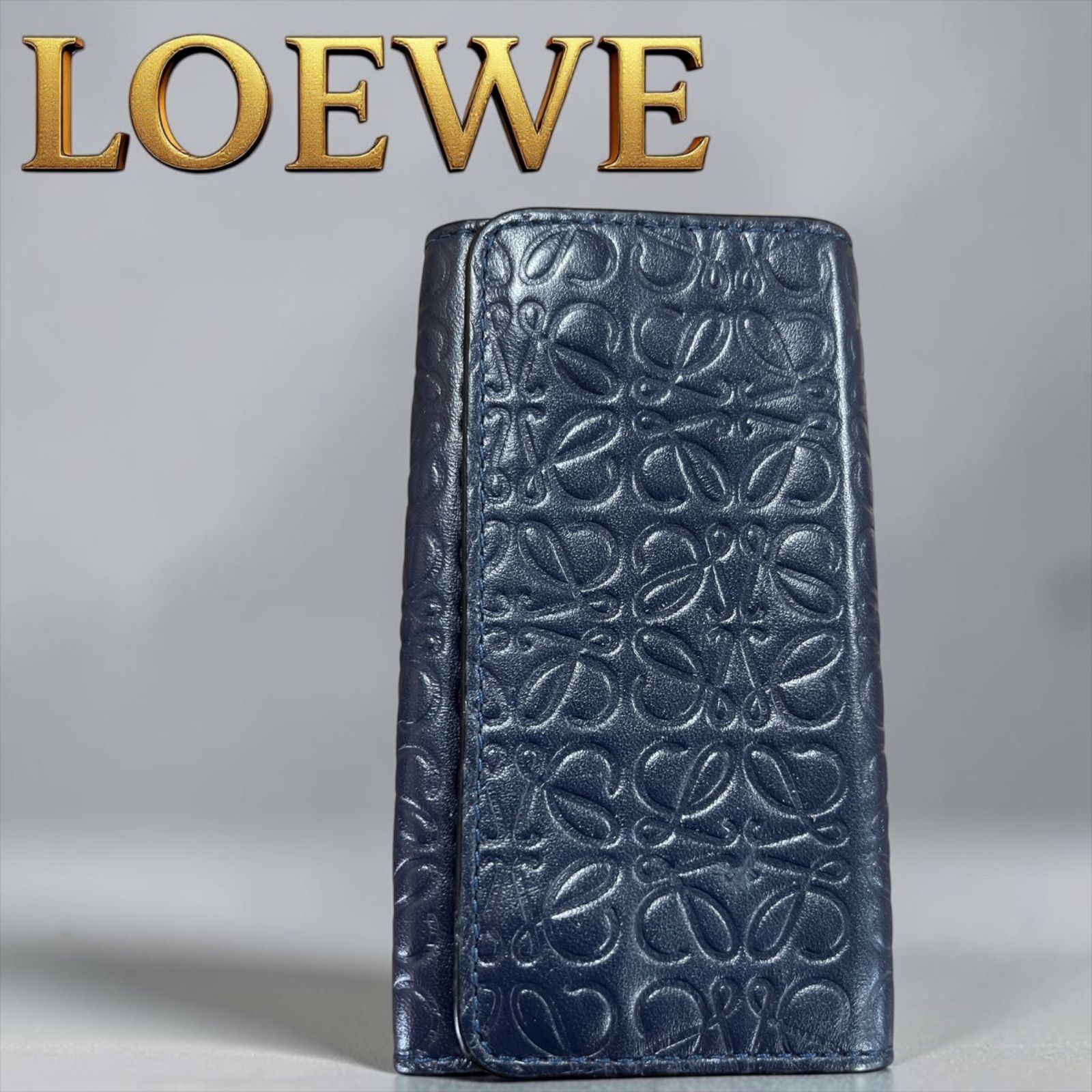 LOEWE ロエベ キーケース 6連 アナグラム ネイビー 小物 レザー 紺色 6連キーケース レディース 三つ折り