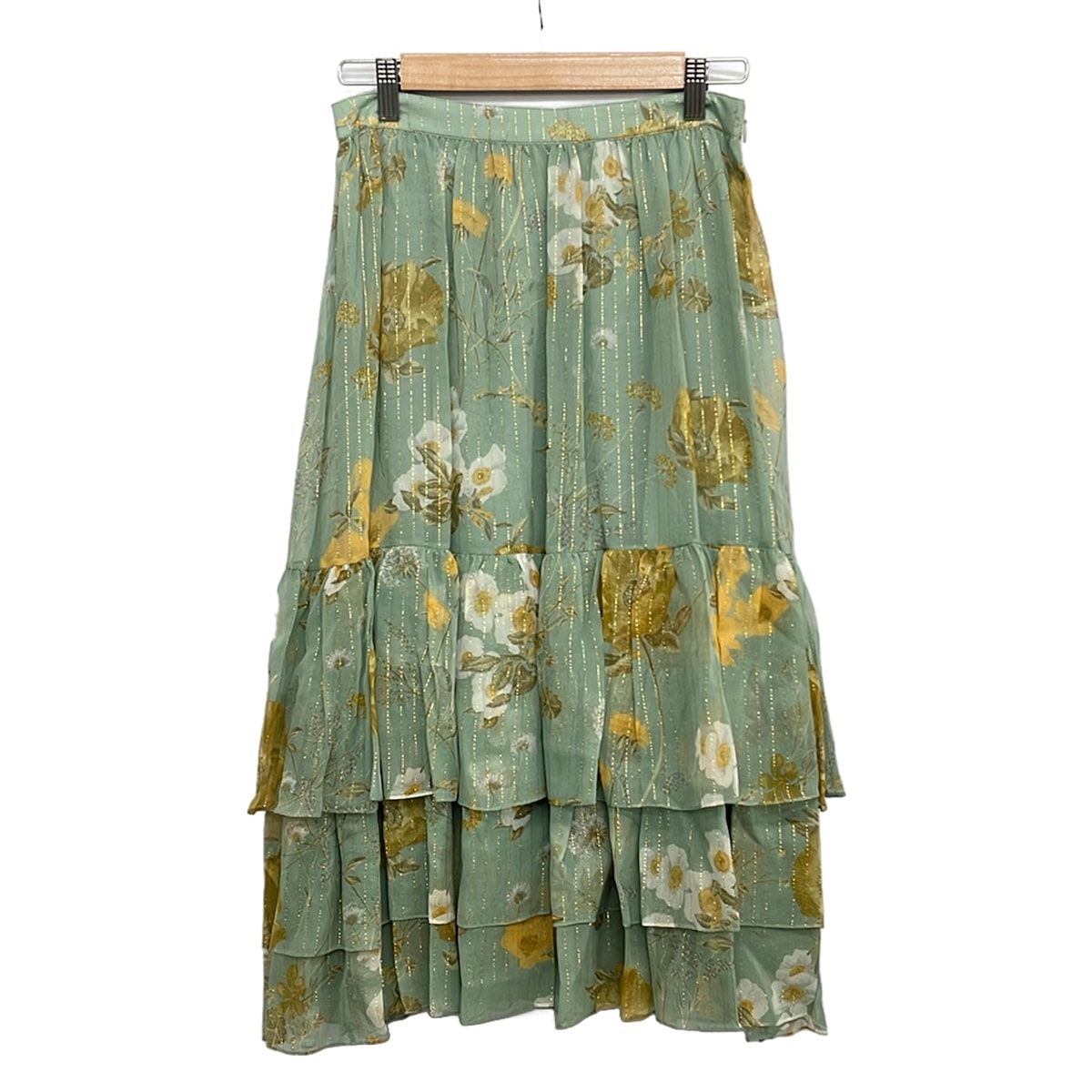 セリーヌ ロングスカート サイズ38 M レディース美品 - ライトブルー×ベージュ×マルチ シルク混/花柄/ストライプ/ラメ/ティアード
