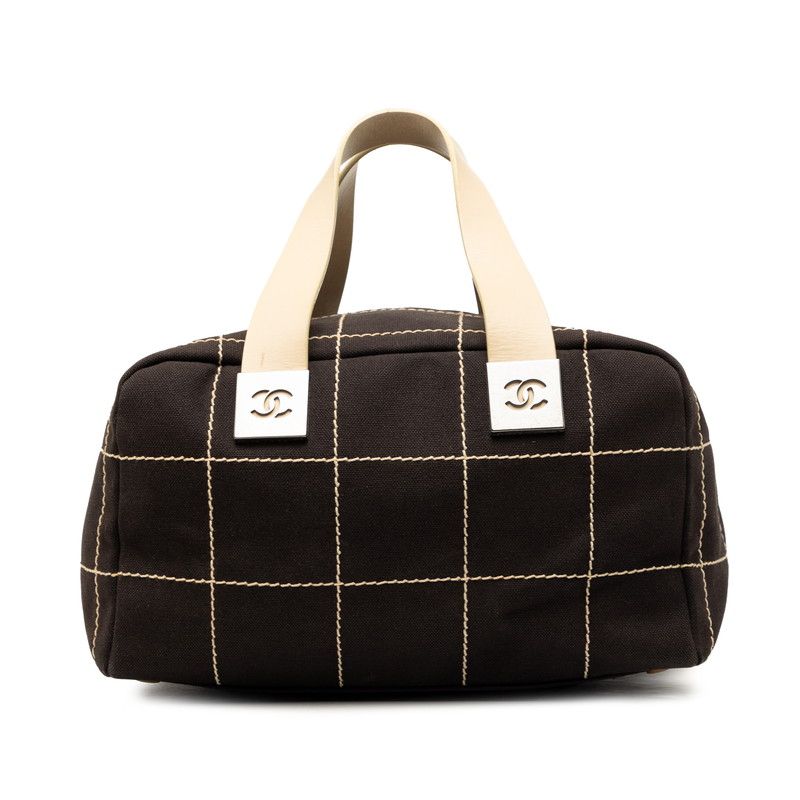 シャネル チョコバー ココマーク ハンドバッグ ボストンバッグ ブラック ベージュ キャンバス レザー レディース CHANEL【255-73835】
