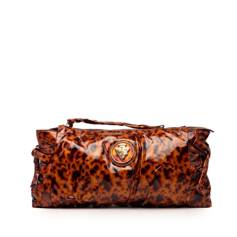 グッチ ヒステリア クレストロゴ アニマル柄 レオパード クラッチバッグ 197015 ブラウン エナメル レディース GUCCI【255-73836】