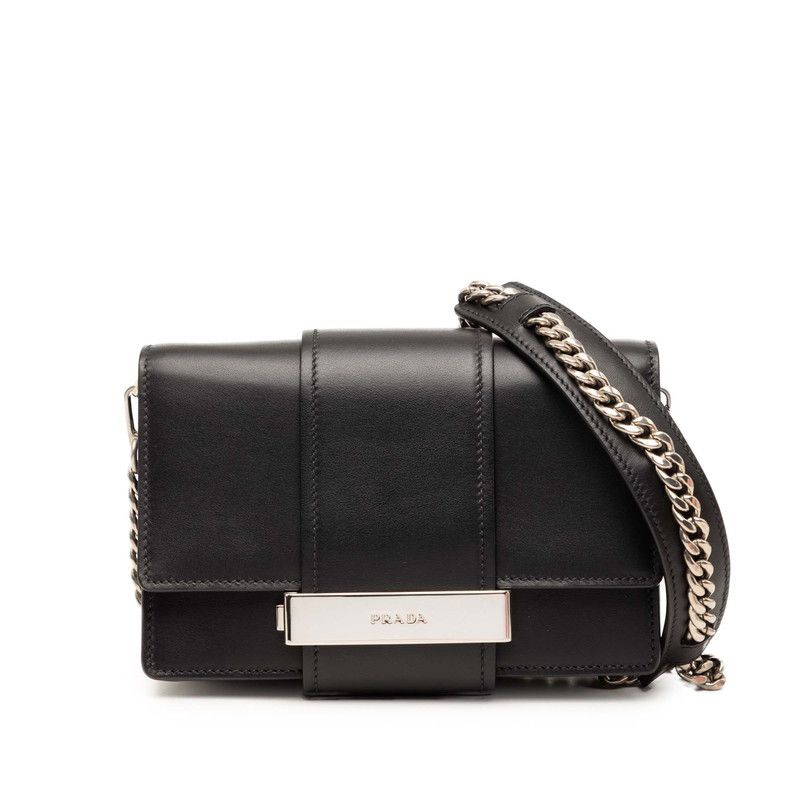 プラダ メタルリボン 斜め掛け チェーン ショルダーバッグ 1BH066 ブラック シティカーフ レディース PRADA【244-73864】