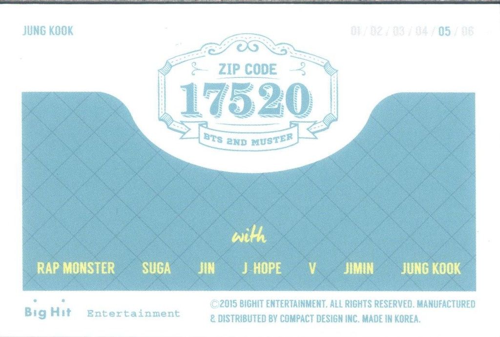 BTS RANDOM PHOTO CARD JUNGKOOK 2015 ZIP CODE 17520 2ND MUSTER 5⁄6