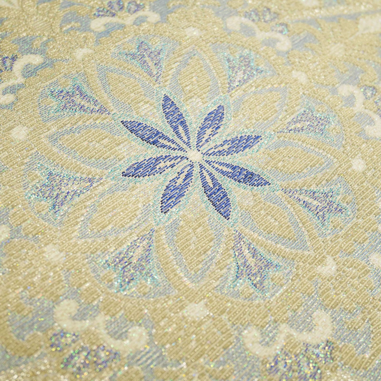 【新品・未仕立て】|正絹|金華山織|袋帯|桃源郷シリーズ|「オリエント華紋」|オフホワイト|ブルーが煌めく、エキゾチックな華紋。| 【新品・未仕立て】|正絹|金華山織|袋帯|桃源郷シリーズ|「オリエント華紋」|オフホワイト|ブルーが煌めく、エキゾチックな華紋。|