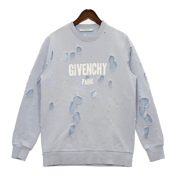 GIVENCHY ジバンシィ トレーナー デストロイ ロゴプリント スウェット 長袖 BW700E3014 ダメージ加工 クルーネック メンズ XSサイズ スカイブルー トップス DM19255■