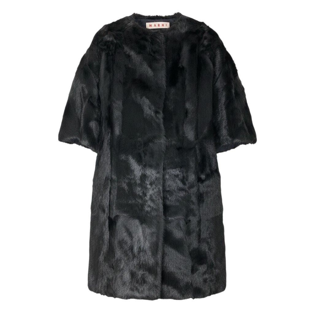 Ef8 MARNI マルニ ノーカラー ファーコート 七分袖 ロング丈 キッドファー サイズ38 イタリア製 ブラック レディース 女性用u02t