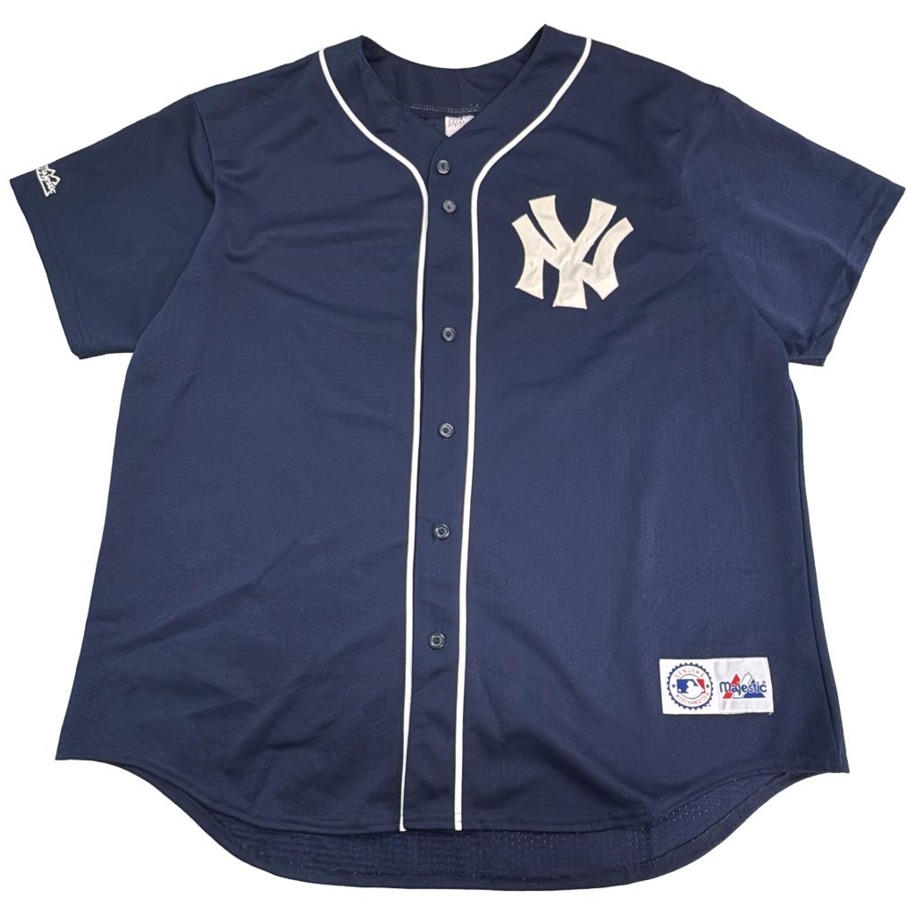 90年代 USA製 Majestic マジェスティック MLB ニューヨーク・ヤンキース ベースボールシャツ メジャーリーグ(メンズ 2XL)中古 古着 Y2772