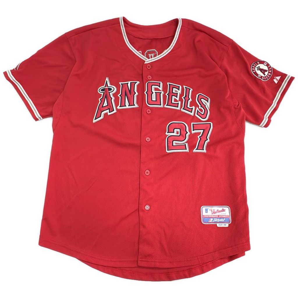 Majestic マジェスティック MLB ロサンゼルス・エンゼルス ベースボールシャツ メジャーリーグ レッド(メンズ XL相当)中古 古着 Y2804