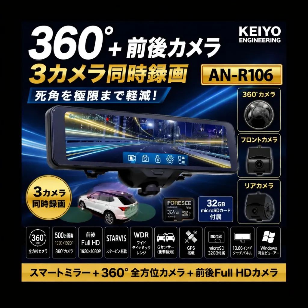 【展示品】KEIYO AN-R106 360°＋前後カメラ ミラー型ドライブレコーダー ?【決算大放出セール対象商品】