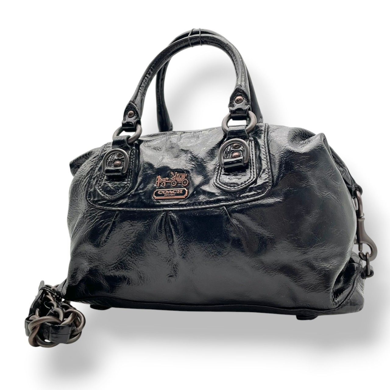 【美品】コーチ COACH マディソン パテント サブリナ ハンドバッグ 2WAY ショルダーバッグ 黒 ブラック エナメル レザー ターンロック ゴールド金具 大容量 肩掛け 斜め掛け エレガント 上品 通勤 通学 デイリー お出かけ レディース S81