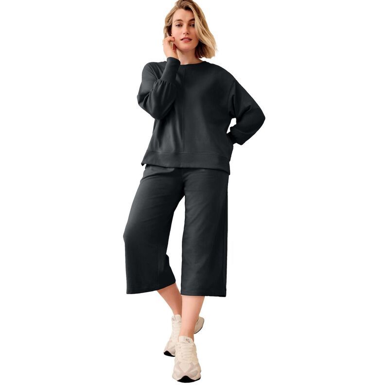 Ellos レディース ボトムス カジュアルパンツ ワイドレッグ プラスサイズ パイル スウェットパンツ クロップド ellos Plusize Wide Leg Cropped French Terry Sweatpants Black ブラック