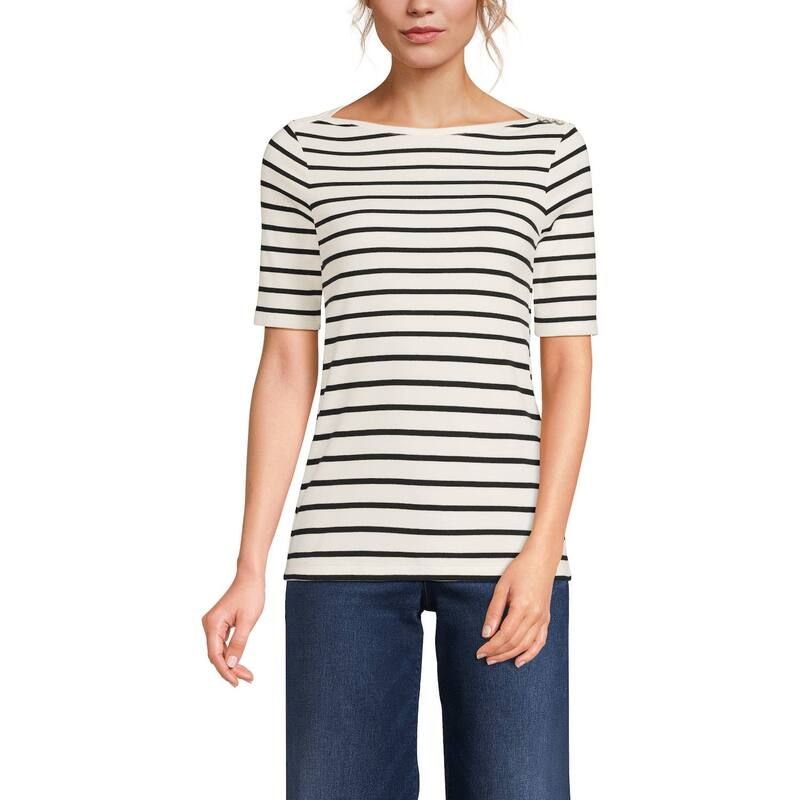 ランズエンド レディース トップス Tシャツ Womens Lands End Elbow Sleeve Boatneck Button Shoulder Tee Ivory Black Stripe アイボリー