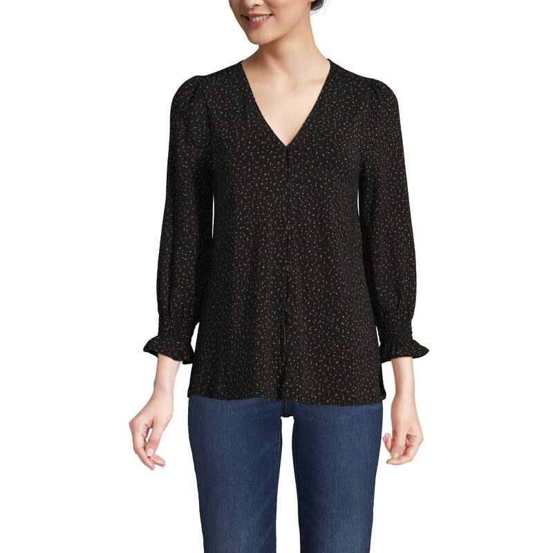 ランズエンド レディース トップス Tシャツ ジャージー Womens Lands End 34 Sleeve Lightweight Jersey Button Frontop Black Terrazzo Dot ブラック