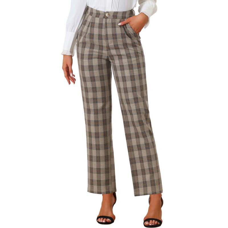 アレグラ ケー レディース ボトムス カジュアルパンツ ストレート ALLEGRA K Womens Plaid Elastic Waist Button Zipper Straight Leg Long Pants Beige Black ブラック