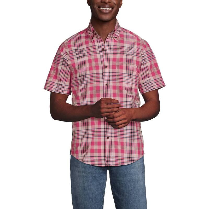 ランズエンド メンズ トップス Tシャツ ダウン Mens Lands End ClassicFitailoredFit Madras Plaid ButtonDown Shirt Rhubarb Peach Plaid ピーチ