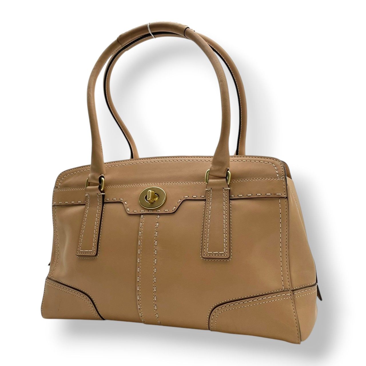 【美品】 コーチ COACH ハンドバッグ トートバッグ ハンプトンズ サッチェル レザー 本革 ベージュ ターンロック ゴールド金具 肩掛け 大容量 お出かけ デイリー エレガント 上品 通勤 通学 レディース 定番 S81
