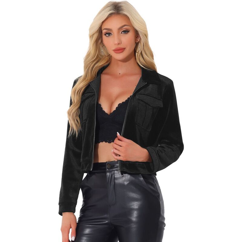 アレグラ ケー レディース アウター ジャケット・ブルゾン ベルベット クロップド ALLEGRA K Collar Jacket For Womens Velvet Long Sleeve Zip Up Cropped Casual Jackets Blac