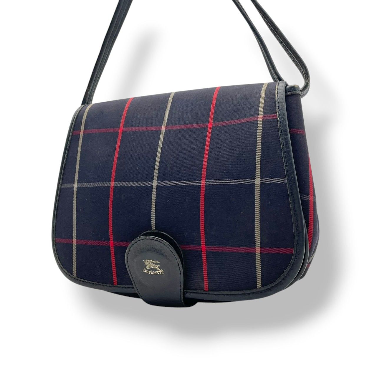 【良品】 バーバリー BURBERRY ショルダーバッグ キャンバス レザー 本革 ネイビー 紺 チェック柄 騎士ロゴ クロスボディ 斜め掛け 軽量 ヴィンテージ オールド エレガント レトロ お出かけ デイリー レディース 定番 人気 鞄 カバン S92