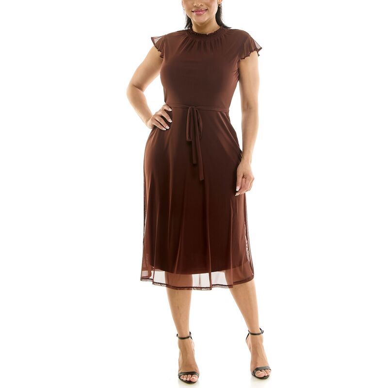 ニナレオナルド レディース トップス ワンピース シャーリング Womens Nina Leonard Smocked Flutter Sleeve Dress Chocolate チョコレート