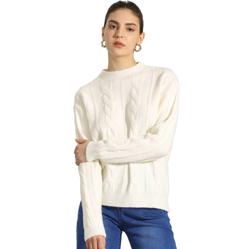 アレグラ ケー レディース アウター ニット・セーター クルーネック ALLEGRA K Womens Long Sleeve Pullover Tops Cable Knit Crew Neck Sweater White ホワイト