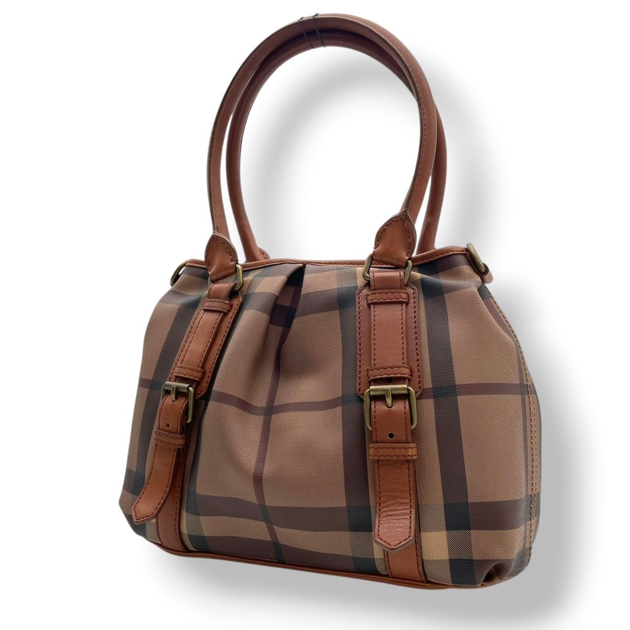 【美品】 バーバリー BURBERRY ハンドバッグ トートバッグ PVC レザー 本革 ブラウン 茶 メガチェック ノバチェック ゴールド金具 肩掛け お出かけ デイリー エレガント 上品 レディース 定番 人気 カバン S92