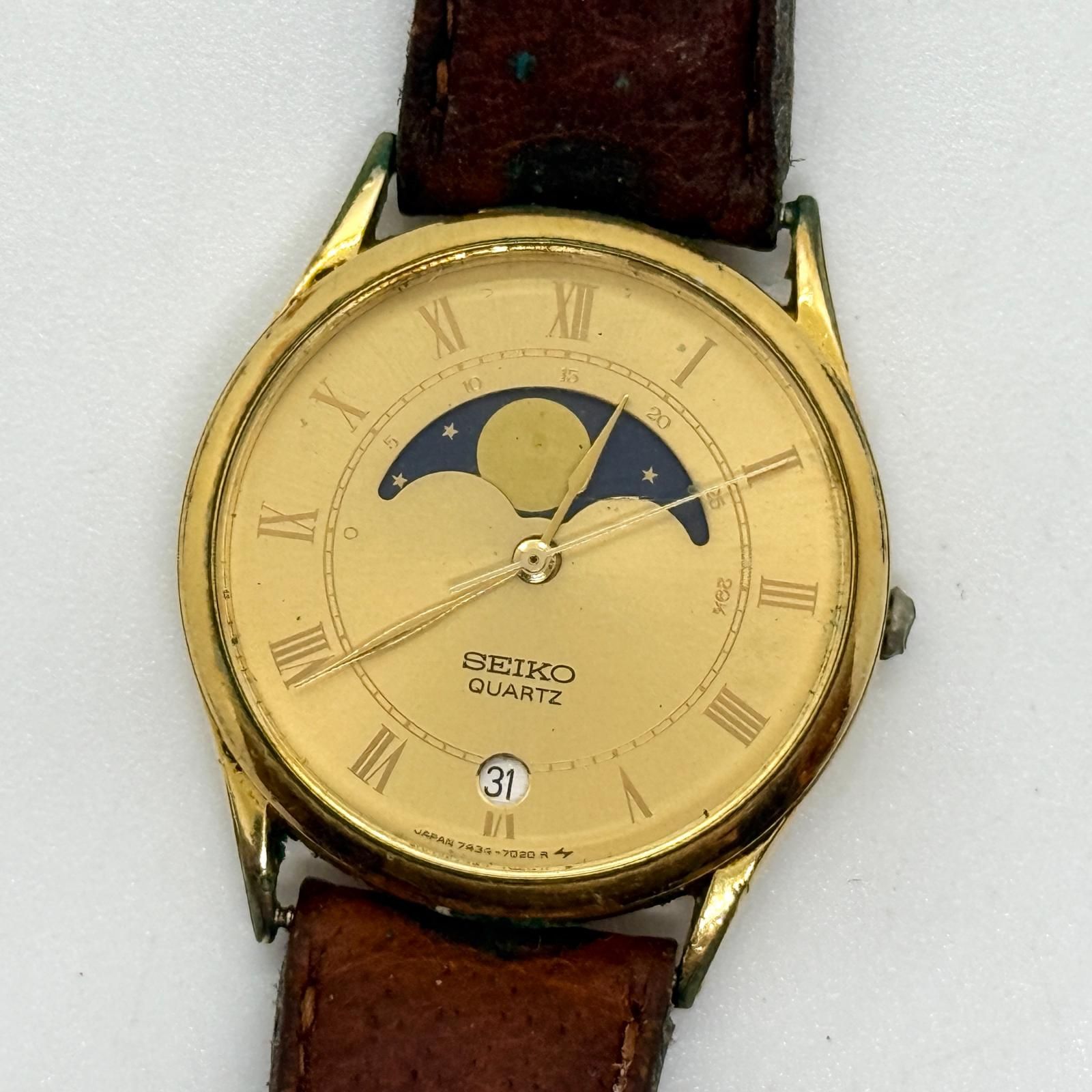 SEIKO セイコー ムーンフェイズ 7434-7000 ゴールド QZ ユニセックス 腕時計 訳あり