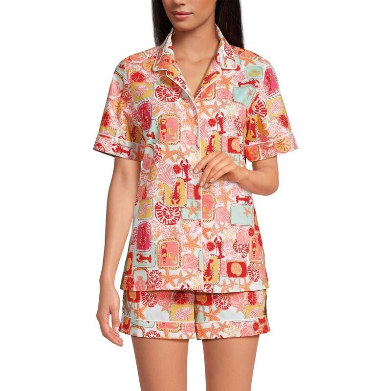 ランズエンド レディース アンダーウェア ナイトウェア ショートパンツ Womens Lands End Poplin Pajama Top Pajama Shortsetropical Stamp White ホワイト