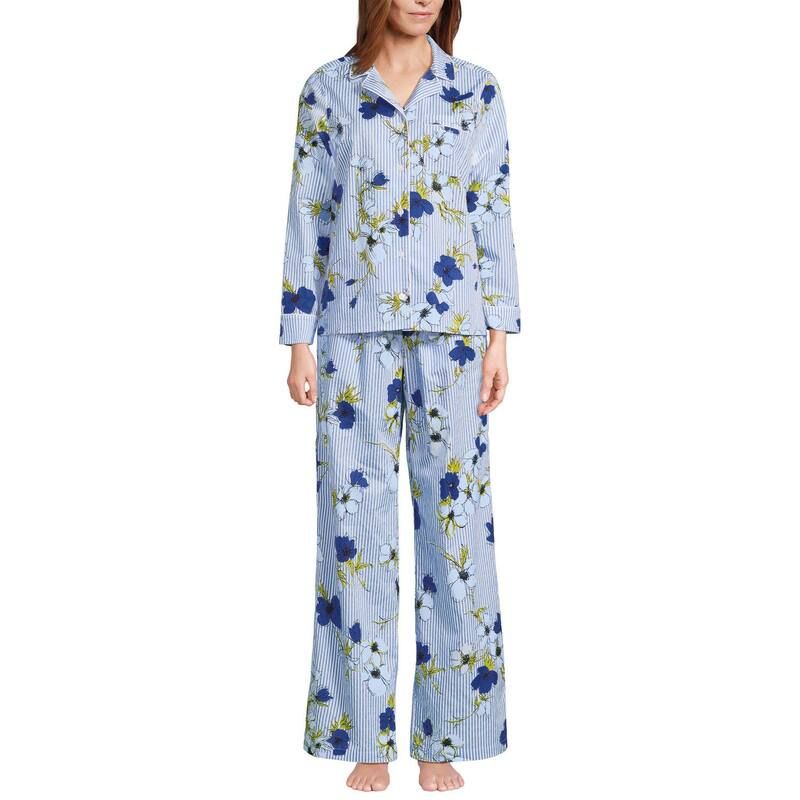 ランズエンド レディース アンダーウェア ナイトウェア パンツ Womens Lands End Long Sleeve Pajama Top Pajama Pantset Blue Striped Floral ブルー