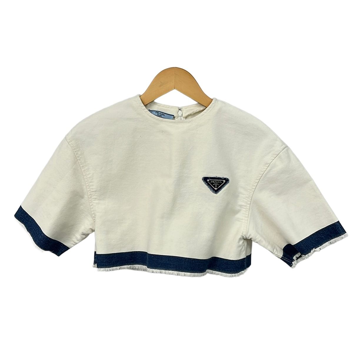 PRADA(プラダ) 半袖カットソー サイズ36 S レディース美品 - アイボリー×ネイビー クルーネック/フリンジ/ショート丈