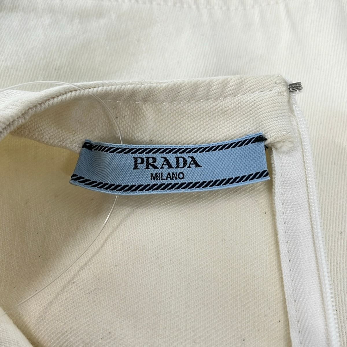 PRADA(プラダ) 半袖カットソー サイズ36 S レディース美品 - アイボリー×ネイビー クルーネック/フリンジ/ショート丈