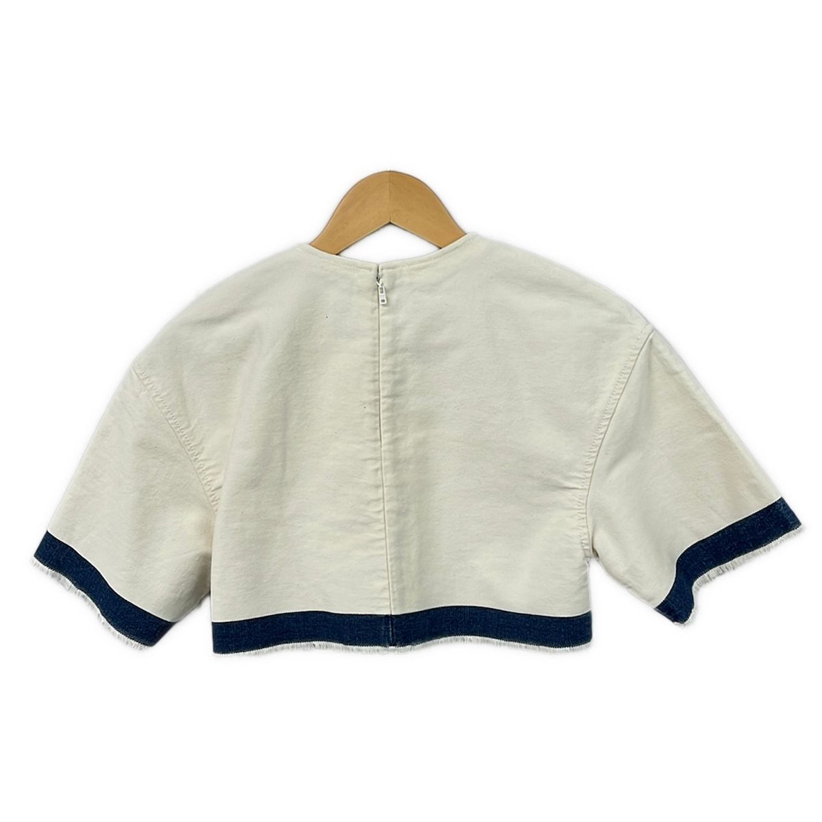PRADA(プラダ) 半袖カットソー サイズ36 S レディース美品 - アイボリー×ネイビー クルーネック/フリンジ/ショート丈