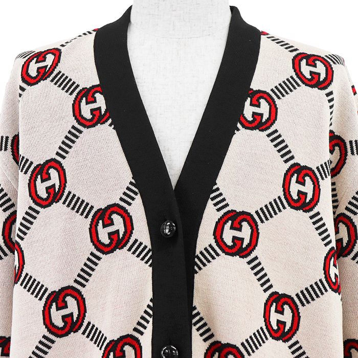 【極美品】GUCCI グッチ リバーシブルカーディガン サイズ L メンズ ロゴ GGスプリーム インターロッキング ジャガード ダブルフェイスニット ストレッチ ロングスリーブ 長袖 レディース着用可 トップス アイボリー ブラック 黒 総柄 イタリア製
