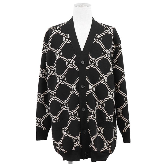 【極美品】GUCCI グッチ リバーシブルカーディガン サイズ L メンズ ロゴ GGスプリーム インターロッキング ジャガード ダブルフェイスニット ストレッチ ロングスリーブ 長袖 レディース着用可 トップス アイボリー ブラック 黒 総柄 イタリア製
