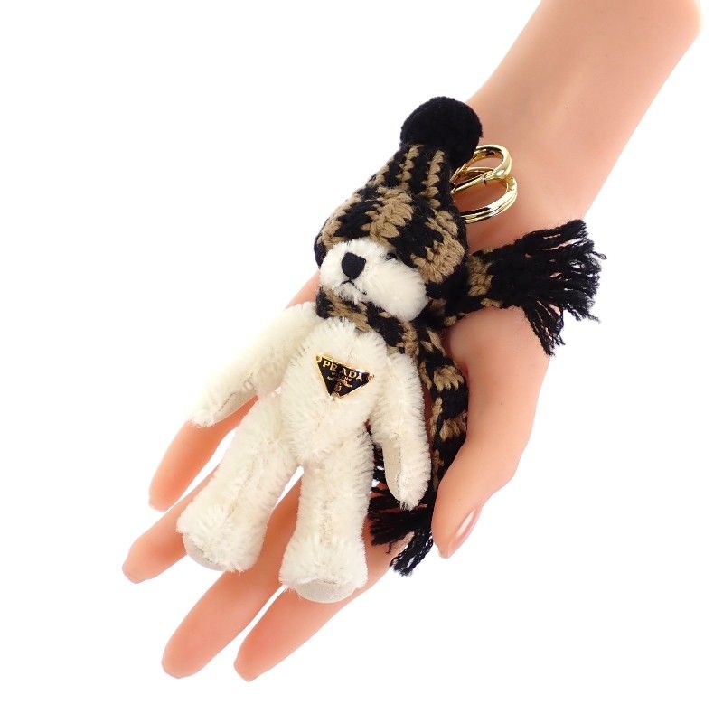 プラダ PRADA Teddy キーチェーンチャーム 1TO062_2HK1_F040X キーホルダー コットン モヘア ホワイト キャメル ブラック ゴールド金具 レディース 箱付き【中古】【Aランク】