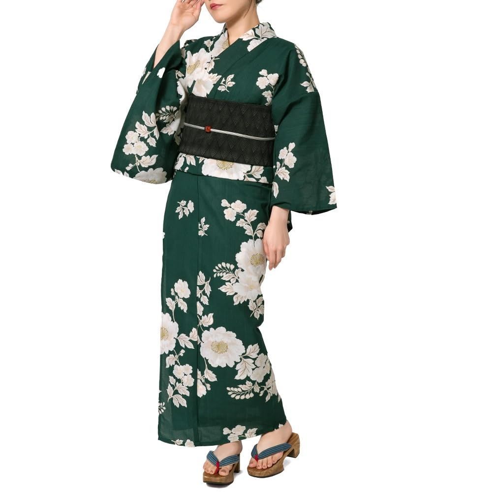 [dear-japan] 浴衣 深緑に牡丹 緑 クリーム オフ白 花 ポリエステル アイロンレス レディース 単品