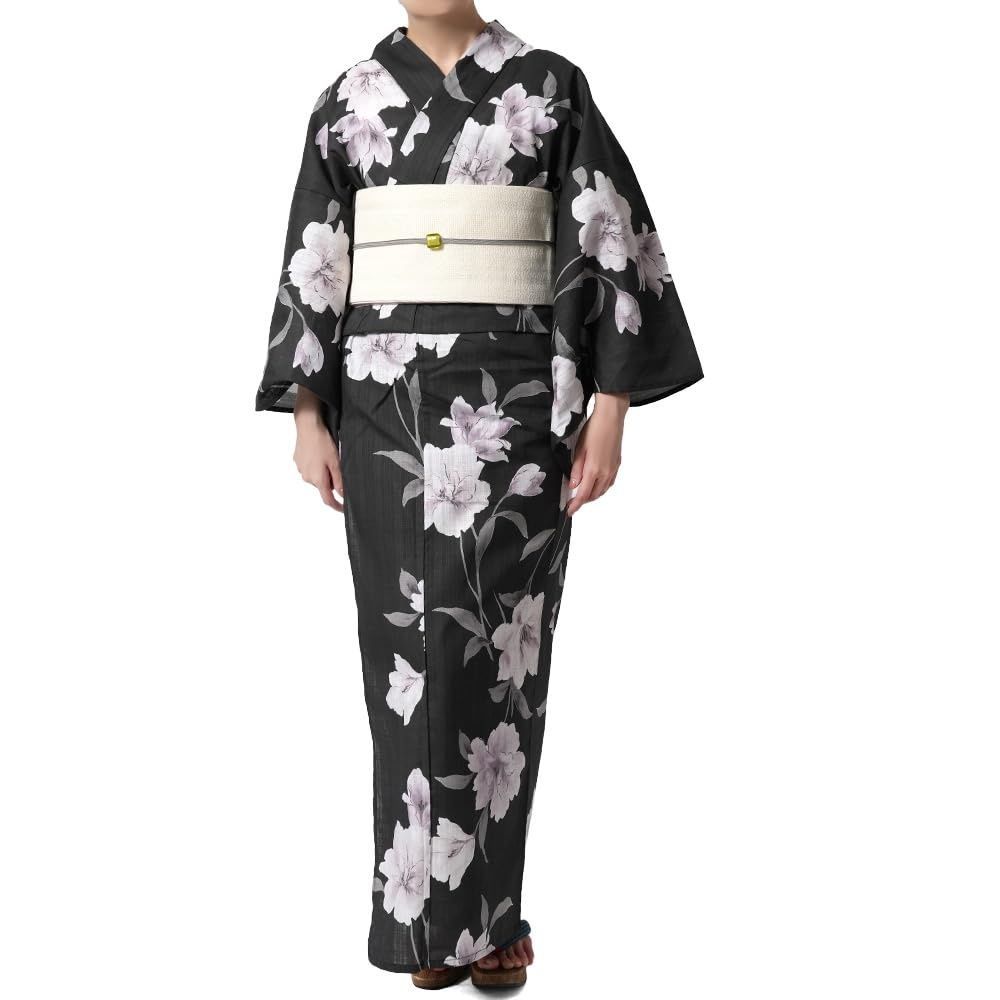 [dear-japan]浴衣 花 黒 紫 シック エレガント レディース モダン 綿 女性用 仕立上がり 単品