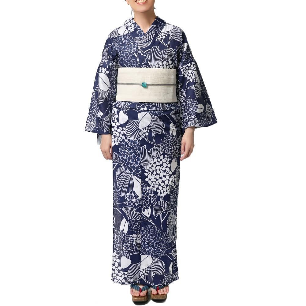 [dear-japan] 浴衣 綿麻 紫陽花 花 アジサイ 紺 白 レディース 単品