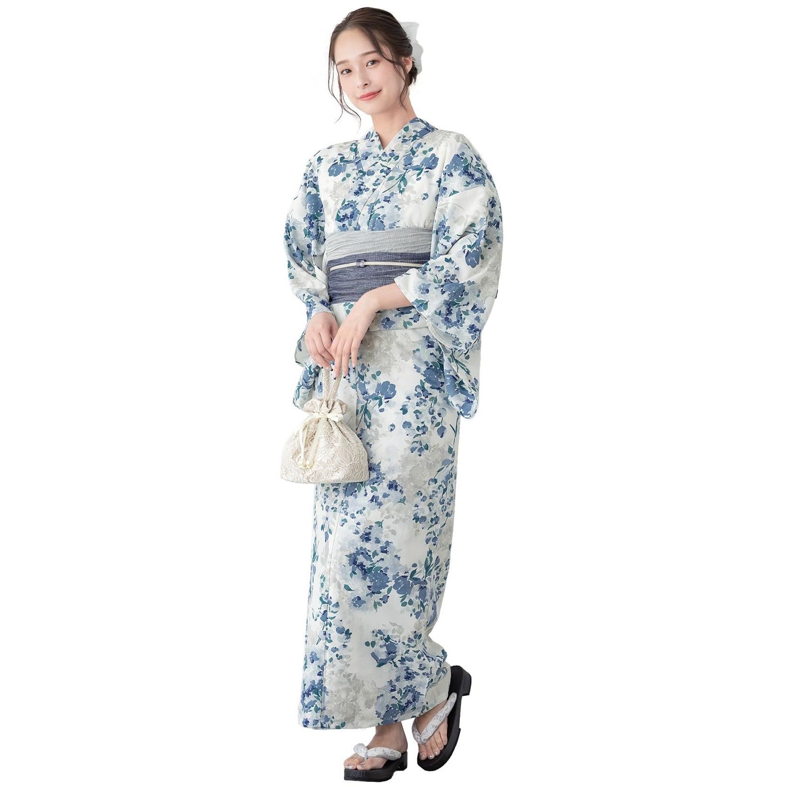[SOUBIEN] ソウビエン 浴衣 2点 セット floro レディース (浴衣/兵児帯) フリーサイズ 紺瑠璃の紫陽花寄×紺×薄灰 ykt10134-obs10068
