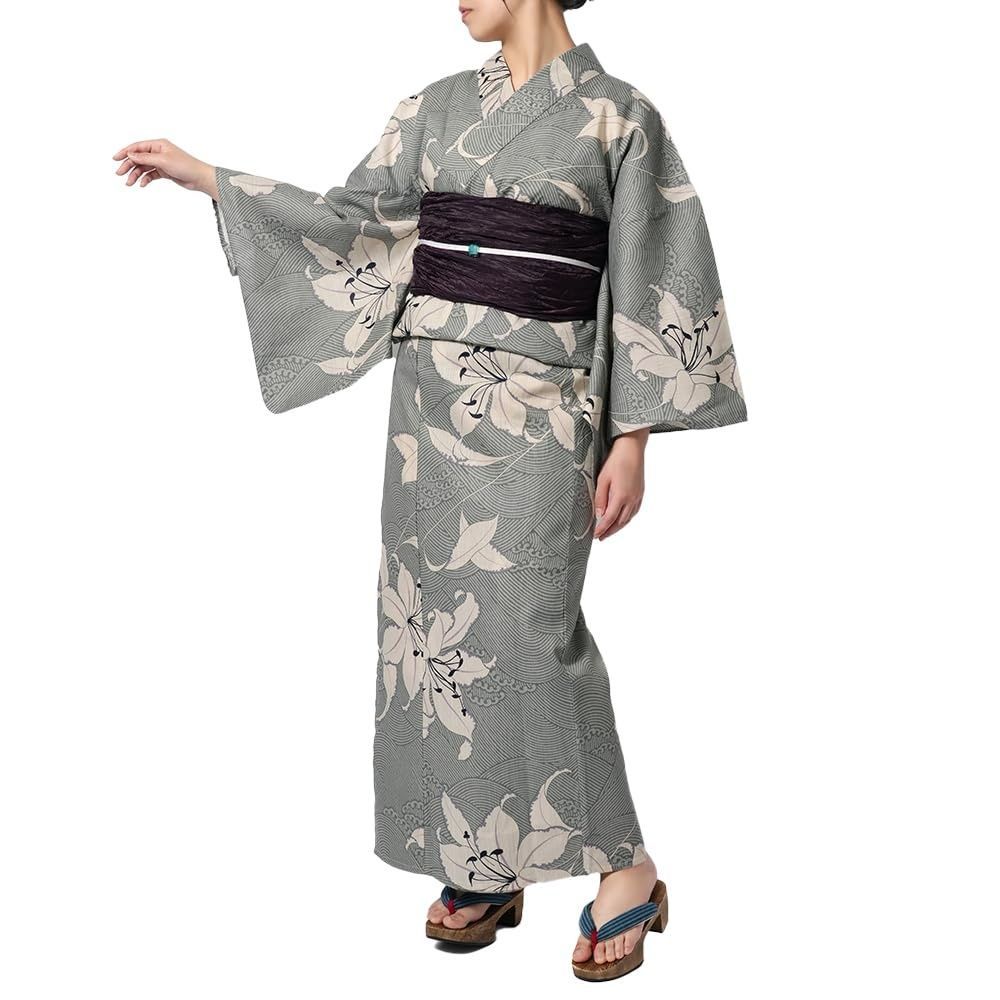 [dear-japan]浴衣 セパレート 二部式 古典柄 花柄 松 花火 レディース レトロ モダン 女性用 単品 兵児帯 セット 夏 簡単 女性用 上品 仕立上がり ゆかた (百合×グレー)