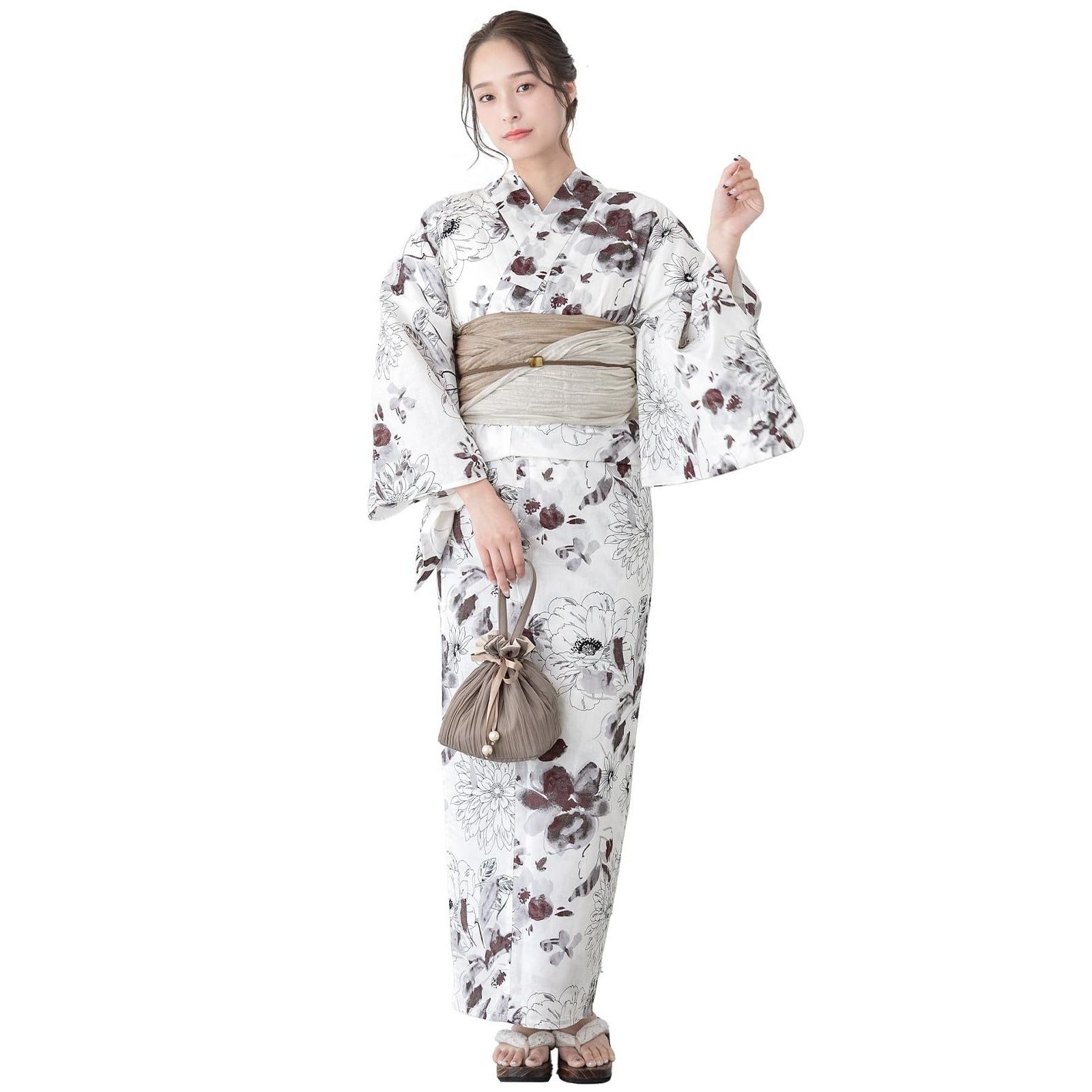 [SOUBIEN] ソウビエン 浴衣 3点 セット (浴衣/兵児帯/下駄) レディース フリーサイズ 白に茶の菊×薄茶×薄灰 ykt10233-obs10065