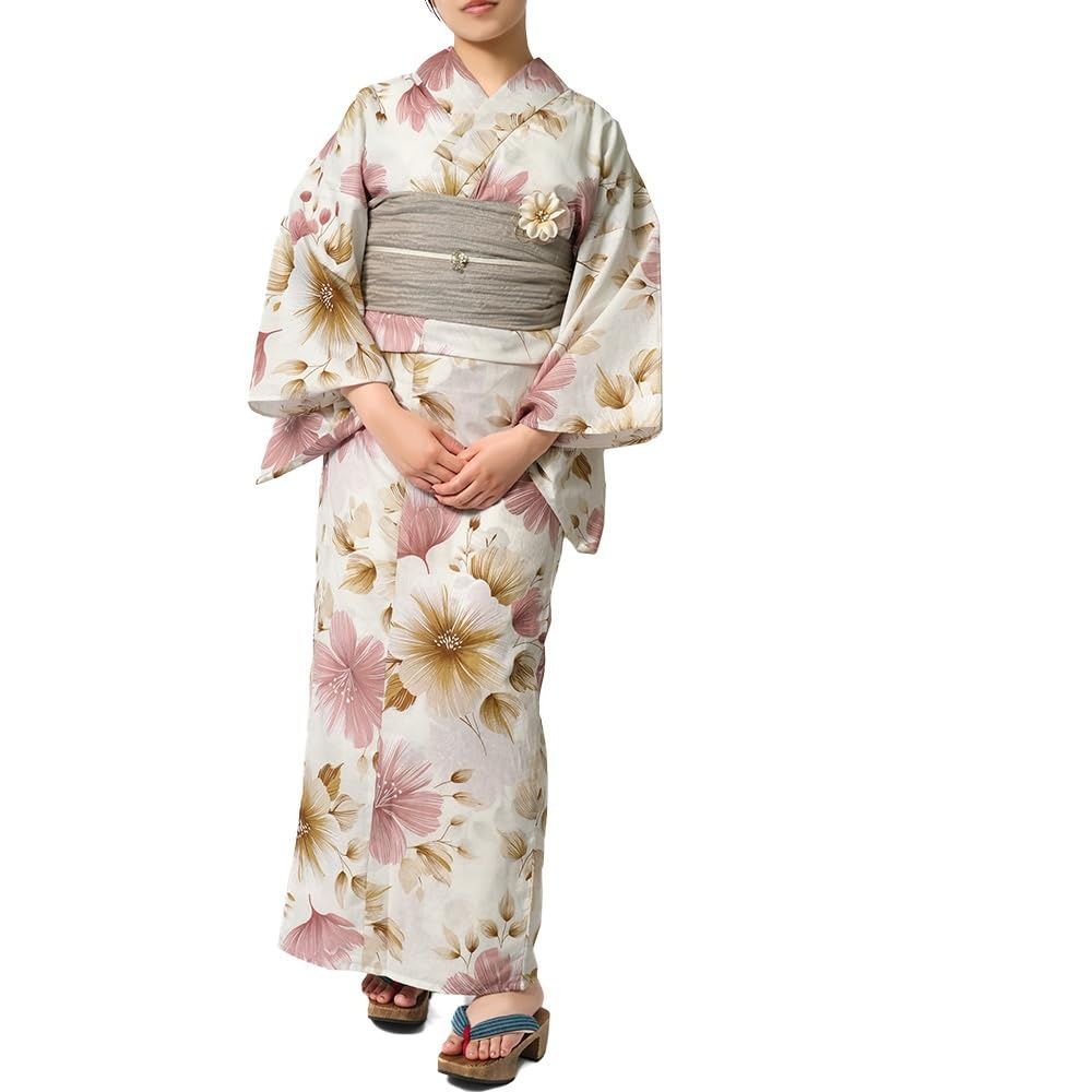[dear-japan]浴衣 ボタニカルフラワー ピンク オフ白 クリーム ベージュ 花 レディース モダン 綿 (浴衣単品, フリーサイズ) 7,390円