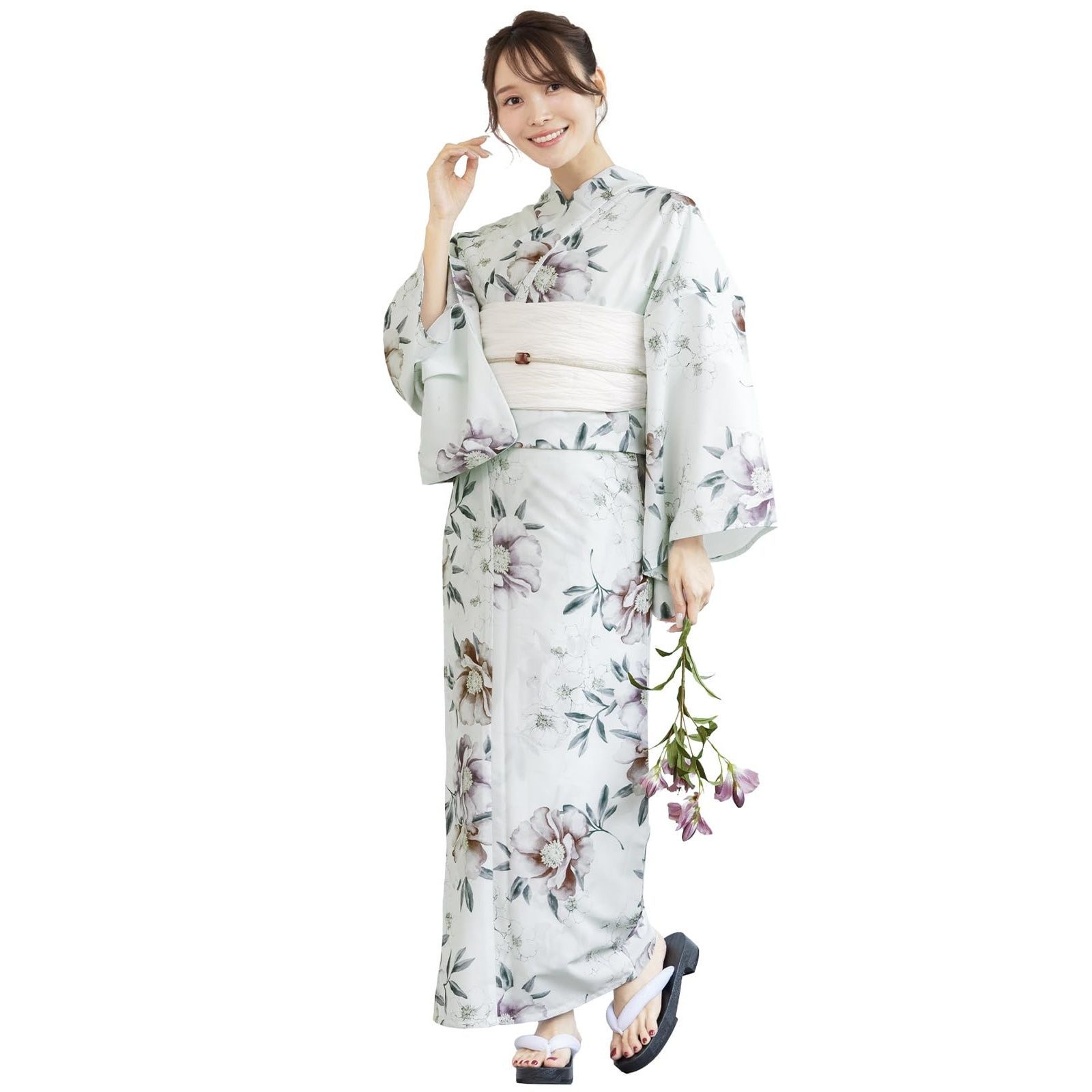[SOUBIEN] ソウビエン 浴衣 4点 セット セパレート 新二部式浴衣 floro レディース (浴衣/兵児帯/伊達締め/下駄) フリーサイズ 乙女の花零れ×白 ykf10256-obs00230