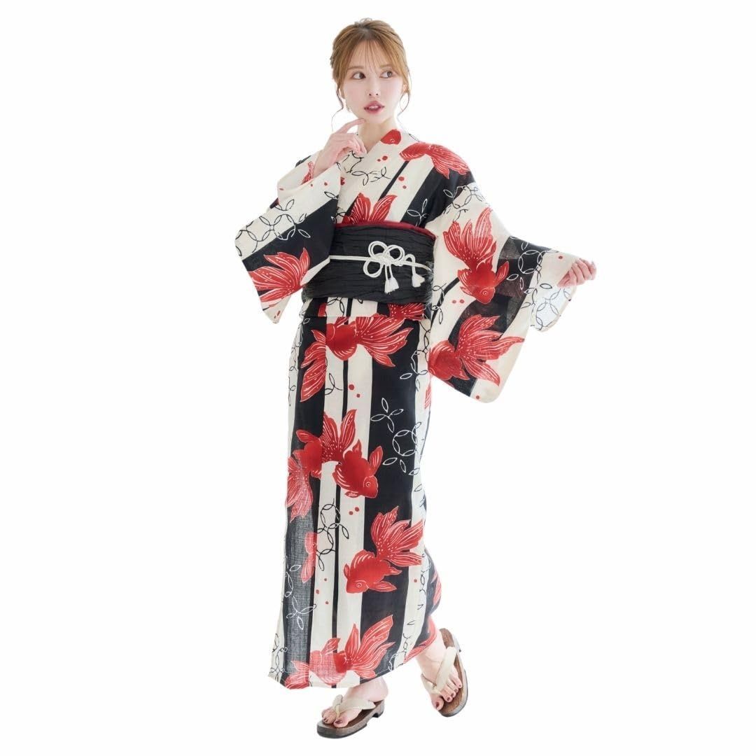 [ANDESIR] アンデジール 浴衣 4点セット 向日葵 金魚 ひまわり 梅 花柄 紫 黄 からし しわ兵児帯 腰ひも ゆかた 浴衣セット (大正ロマン金魚（帯ブラック）, FreeSize)