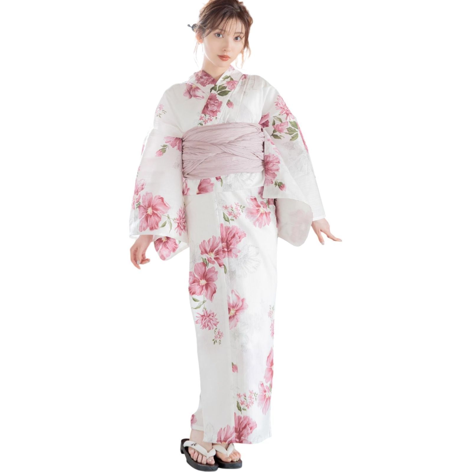 （ディータ）Dita レディース 浴衣 5点セット 兵児帯 ピンク 赤 白 水彩 花柄 ガーリー 和風 1人で簡単着付け (2.朱風の花重ね, FREE(フリーサイズ))