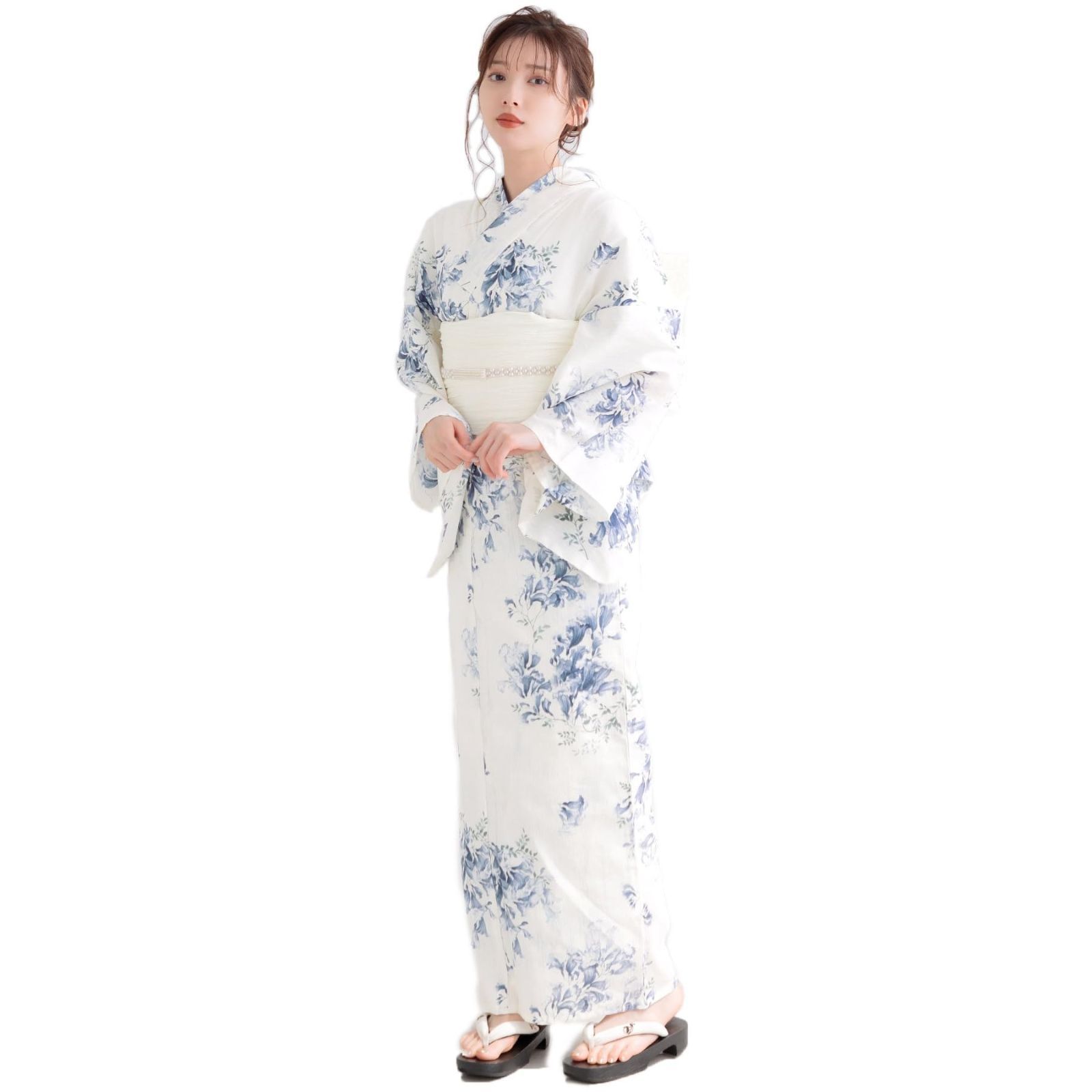 （ディータ）Dita レディース 浴衣 5点セット 兵児帯 青 水色 白 ベージュ 水彩 透明感 花柄 シンプル 1人で簡単着付け (2.泡沫の紫雲木, FREE(フリーサイズ))