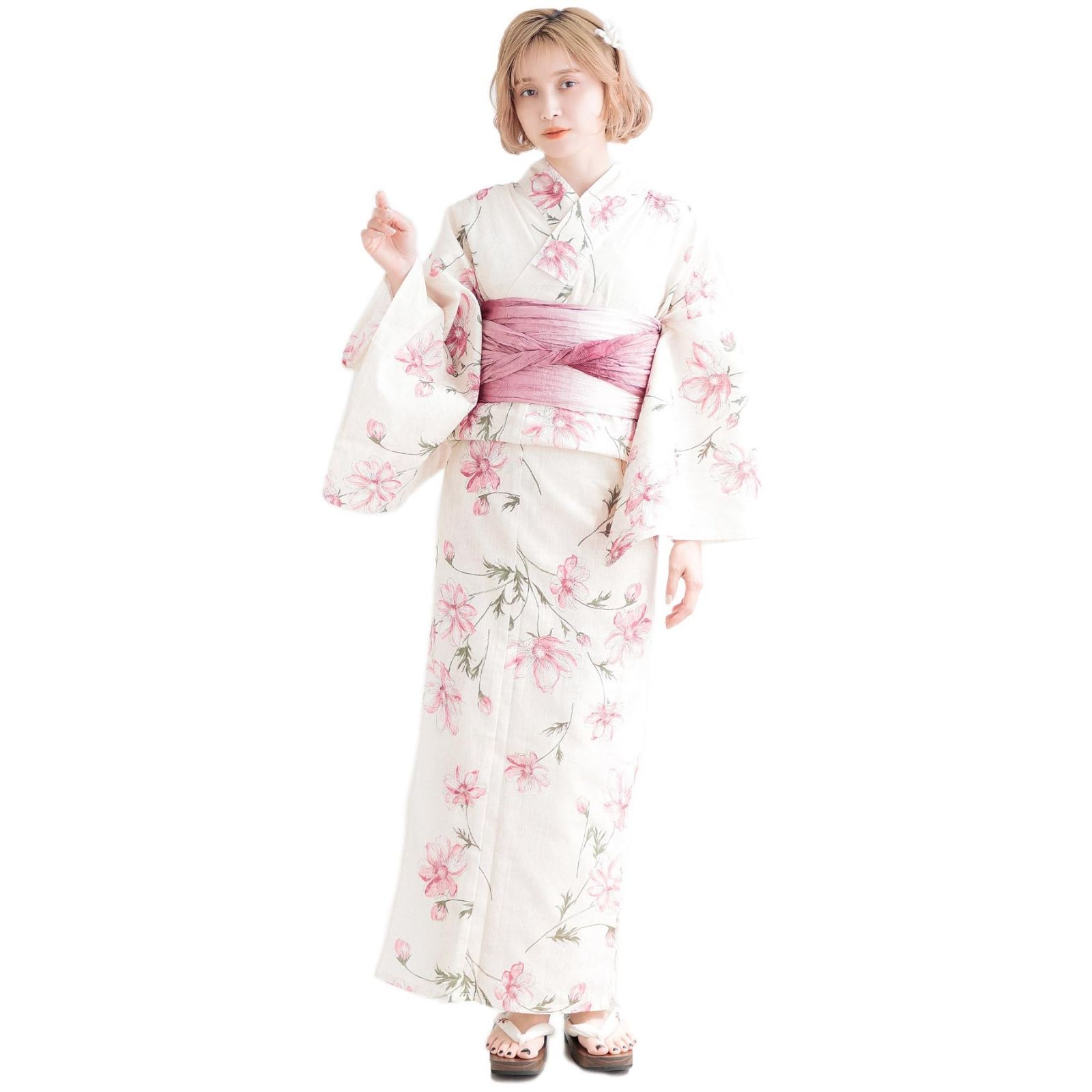 （ディータ）Dita レディース 浴衣 5点セット 兵児帯 青 白 紺 ピンク 花柄 水彩 ナチュラル 1人で簡単着付け (2.はんなり木春菊, FREE(フリーサイズ))