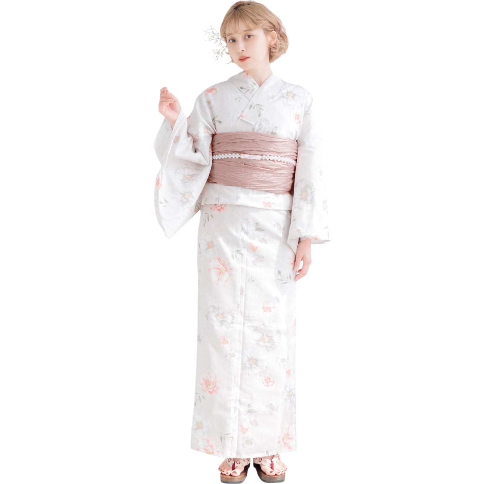 (ディータ)Dita レディース 浴衣 5点セット ピンク 白 水彩 花柄 ガーリー 1人で簡単着付け (風花の桃色しらべ, FREE(フリーサイズ))