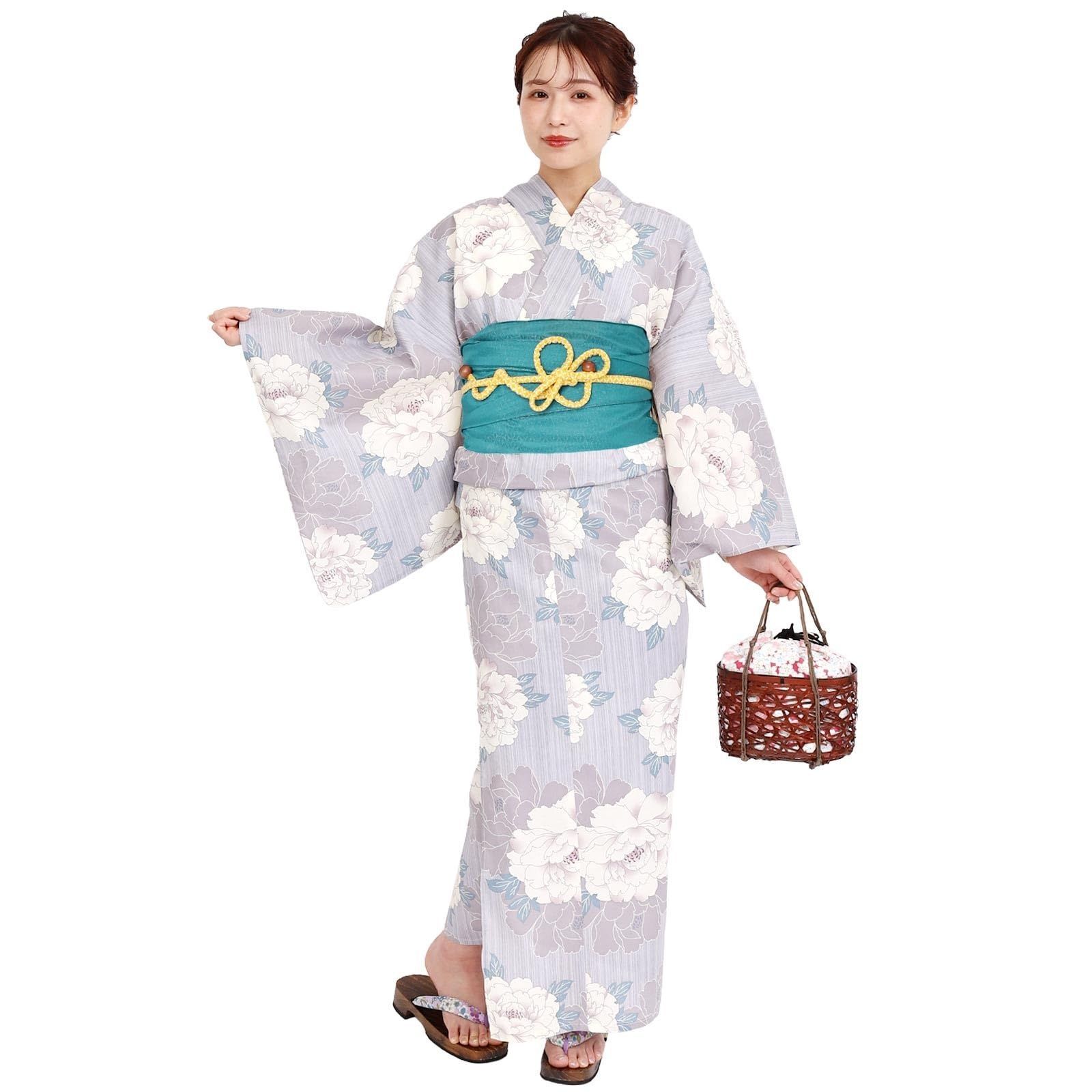 [Fuuka] 風香 二部式 浴衣 兵児帯 2点セット セパレート レディース フリーサイズ 牡丹 青紫 (兵児帯/日本製/ターコイズ) X23H16B167