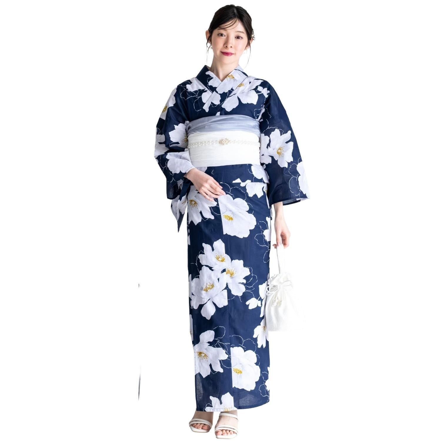 [CELEN EN] 浴衣 レディース浴衣 夕涼浴衣 夜風の白椿 二部式3点セット 上衣 下衣 兵児帯
