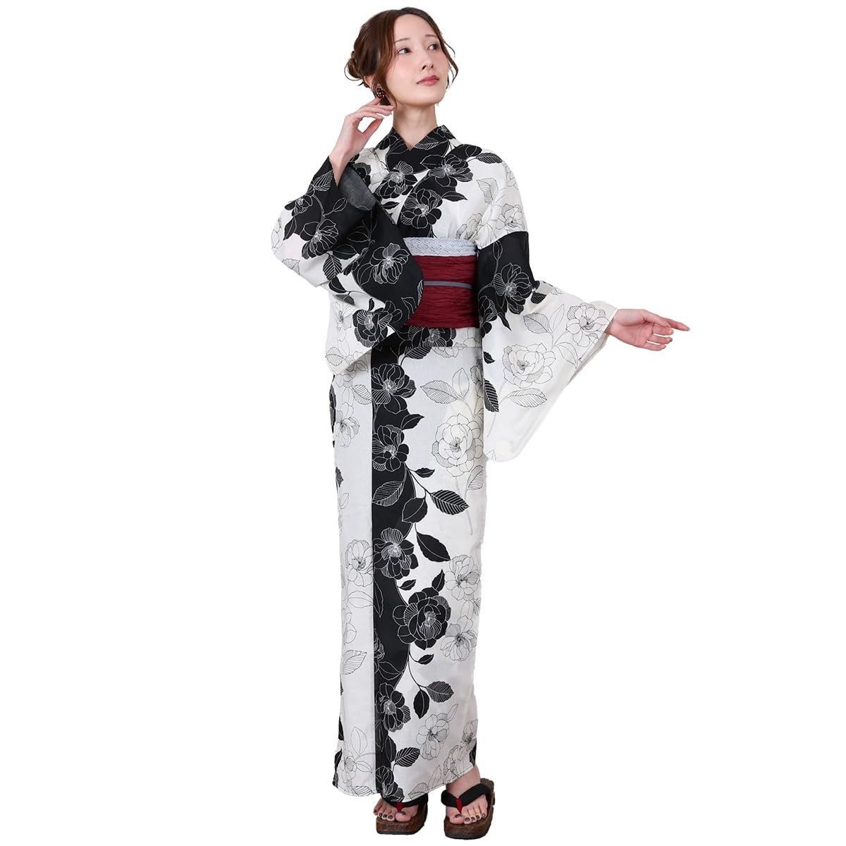 [京都きもの友禅] 浴衣 レディース 2点セット (綿100% 浴衣・兵児帯) 夏祭り 花火大会 ホワイト ブラック 花柄 薔薇 ばら バラ モノトーン フリーサイズ ゆかた 夏 着物 女性
